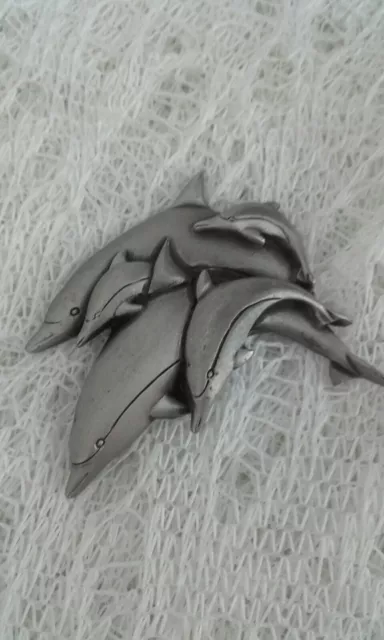 Vintage Pewter Dolphin Five Family Pod Pin Brooch Signed MALI