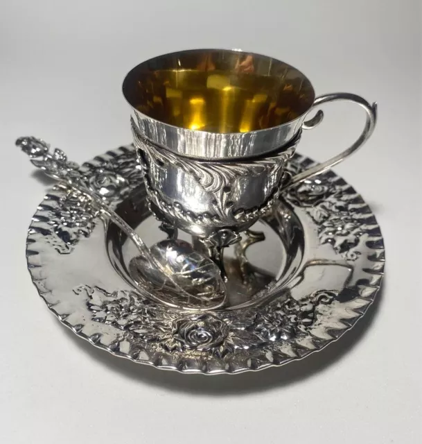 Antique Sterling Silver 925 Set Cup and Plate With Spoon Tea Coffee 149 gr