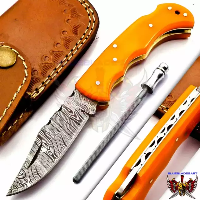 Custom Hand Made Damascus Steel Folding Pocket Knife with Handle Camel Bone