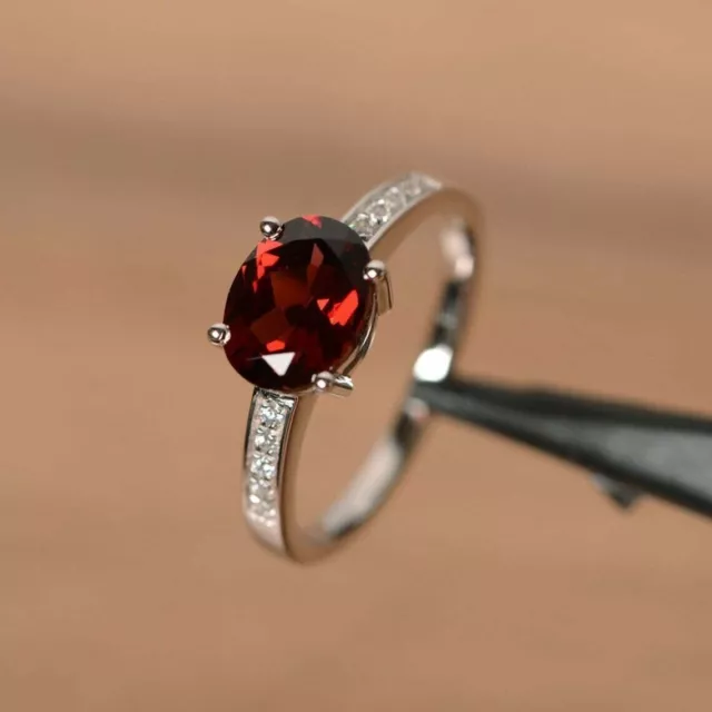 2 Ct Oval Cut Simulated Red Garnet Solitaire Engagement Ring 14K White Gold Over