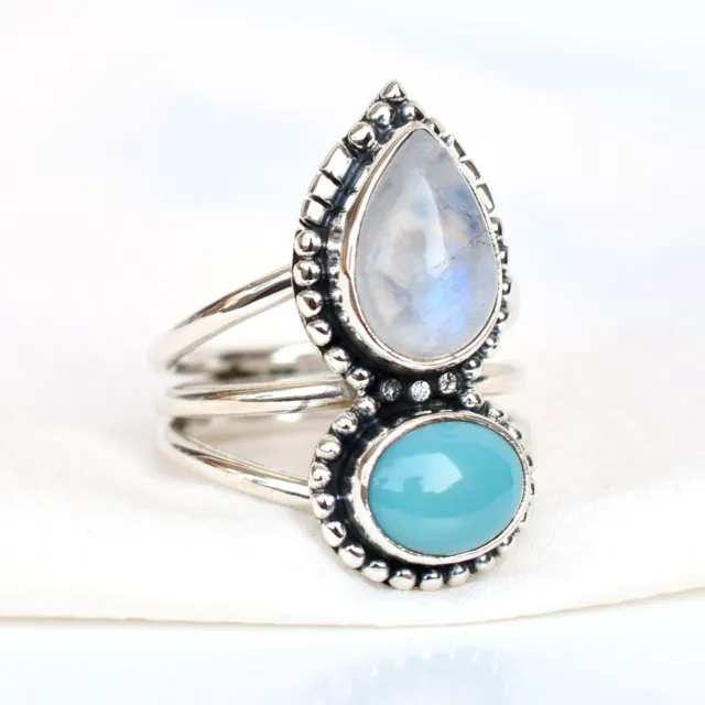 Natural Moonstne & Blue Turquoise Ring Mult stone Ring 925 Sterling Silver-HR098