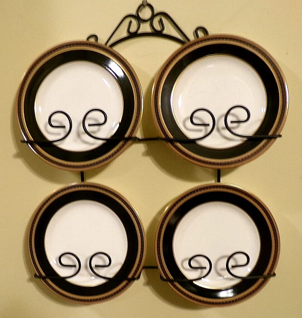 BLACK WROUGHT IRON WALL MOUNTED PLATE RACK w/4 NIKKO BONE CHINA SAUCERS