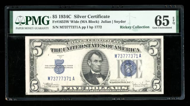 DBR $5 1934-C Silver Gem Fr. 1653W MA Block Wide PMG 65 EPQ Serial M73777371A