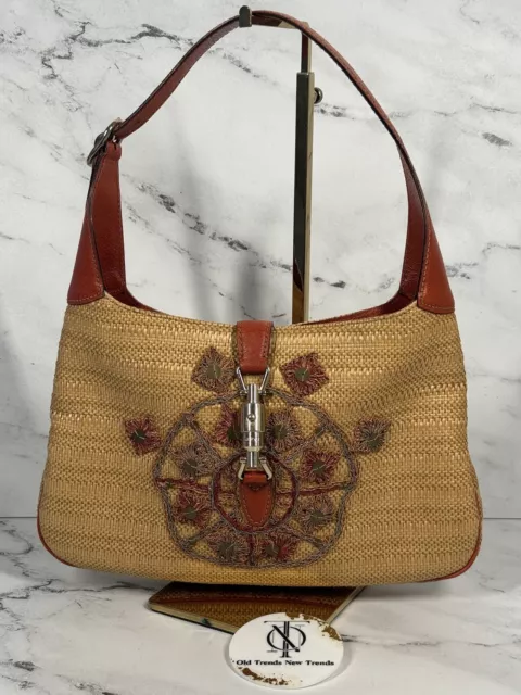 Gucci Brown Raffia & Red Leather Embellished Medium Jackie Hobo Shoulder Bag