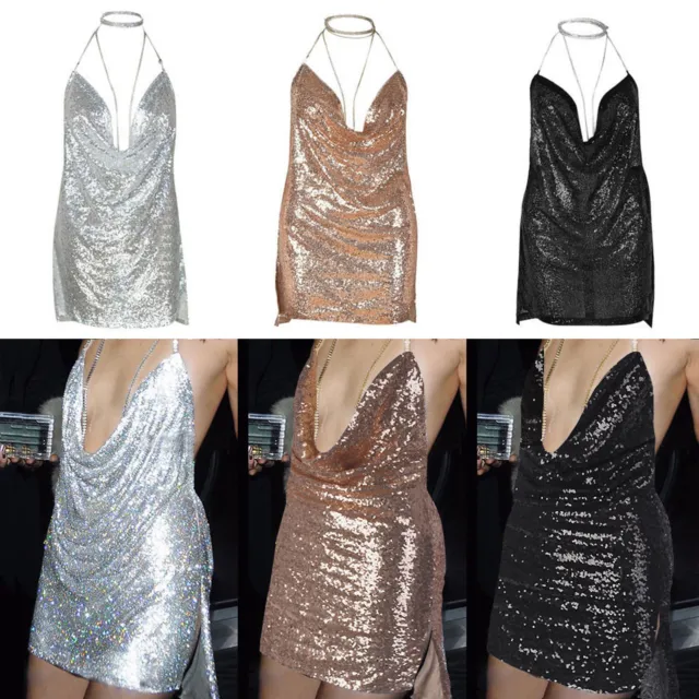 Women Backless Sequin Dress Ladies Kendall Chain Choker Slip Cocktail Mini Dress