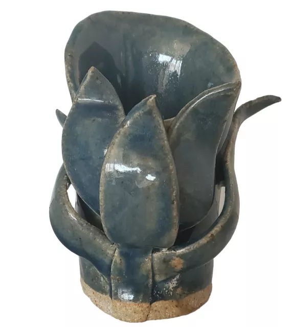Vintage Hand Made Studio Art Stoneware Pottery Bud Vase Blue Leaf 5" Signed MCM