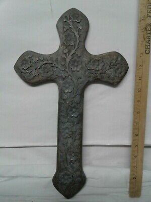Cast metal CROSS decorative 17" great patina "brass look" crucifix indoor/outdoo