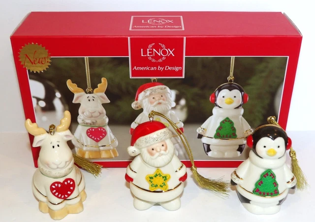 Lenox Heartfelt Christmas Set Of 3 Moose Santa Penguin Ornaments In Box~Adorable