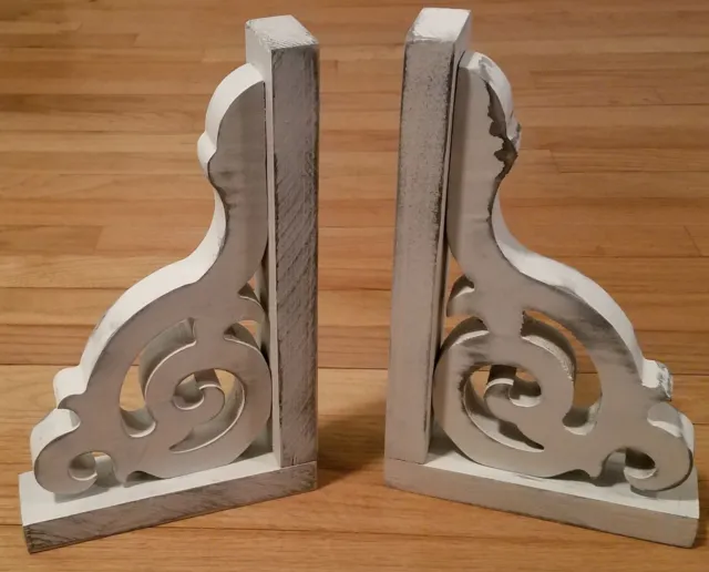 Pair of Distressed White Wood Corbels Shelf Brackets Rustic Farmhouse Style D2