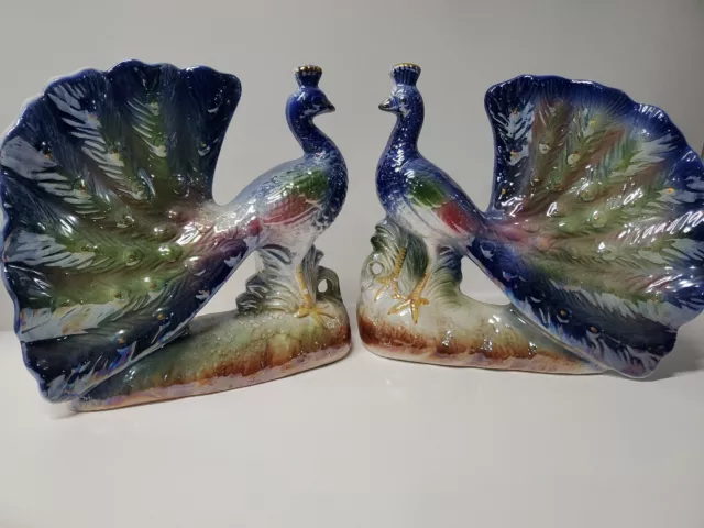 2 Colorful Iridescent Luster Ceramic 8 3/8" Tall Peacock Figurines