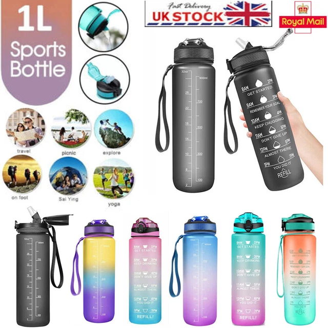 UK Water Bottle Time Marker 1L Extra Large Motivational Sport Bottle With Straw