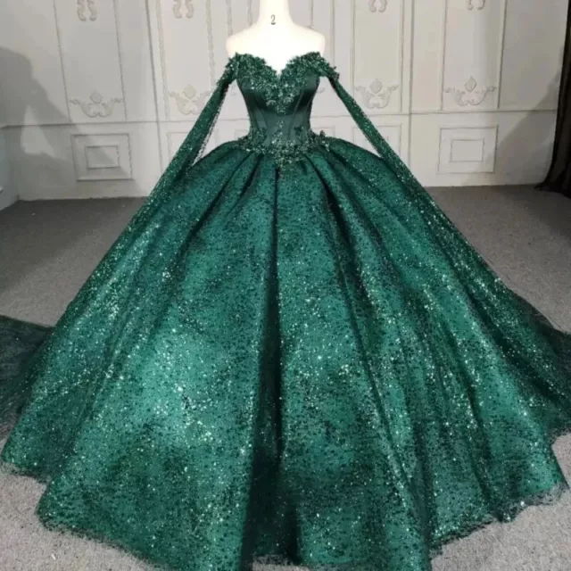 Emerald Green  Quinceanera Dress Applique Lace Beading With Cape Ball Gown