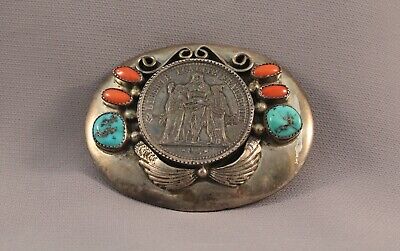 Old Navajo Indian Belt Buckle Coral Turquoise - 1870-1877 5 Franc Silver Coin