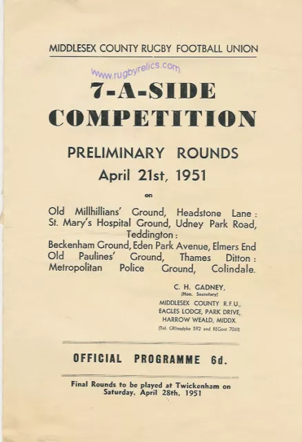 Middlesex Sevens Preliminary Rounds 1951 Rugby Programme