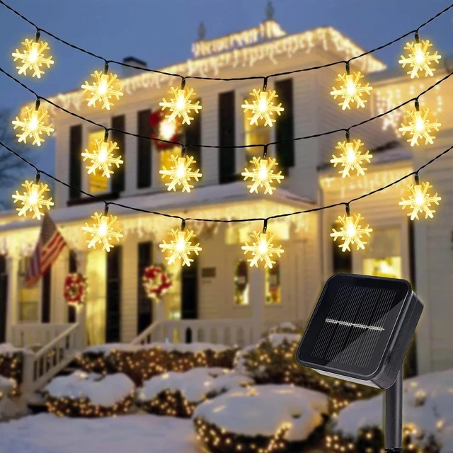 100 LED Solar Snowflake Lights, 39 FT String Lights Waterproof (Warm White)