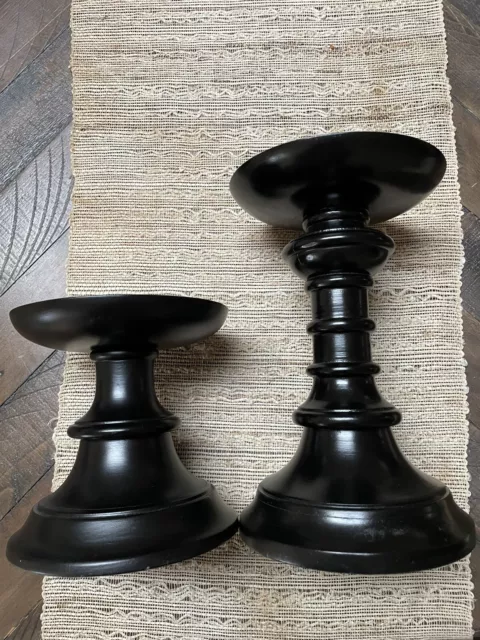 2 Pottery Barn Turned Wood Archer Pillar Candle Holders  6" + 10” 3