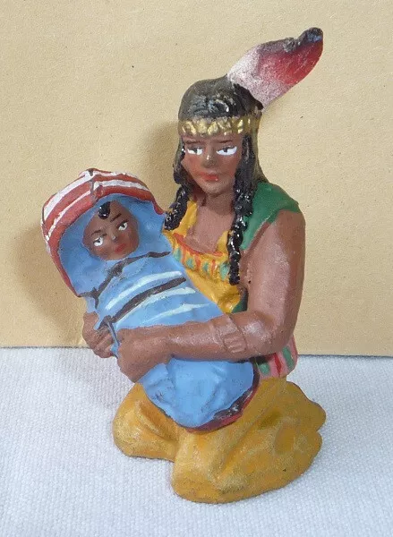 Wildwest - Figur aus Masse : Indianerin kniend mit Kind von ELASTOLIN