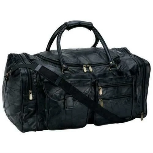 25" LEATHER Carry-On Duffle Tote Black Overnight Luggage Suitcase Bag