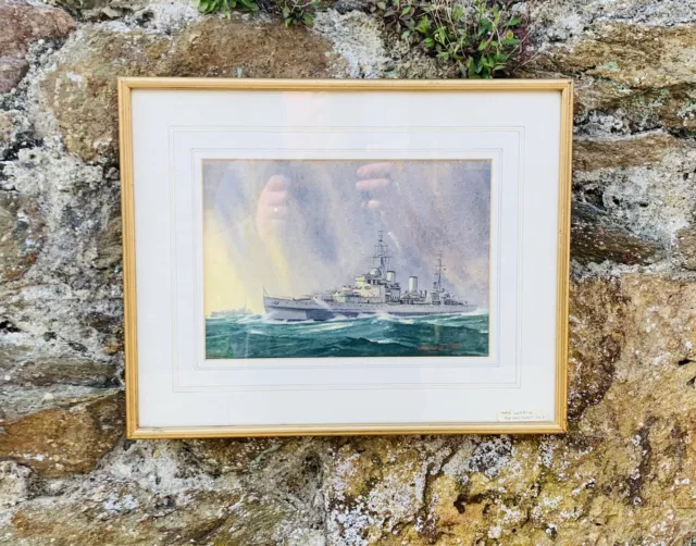 Watercolour Painting of Royal Navy WW2 Cruiser HMS London by G. Sidney James.