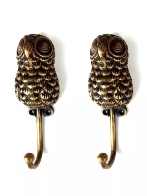 2 medium OWL COAT HOOKS solid age 100% brass vintage old style 15 cm hook B