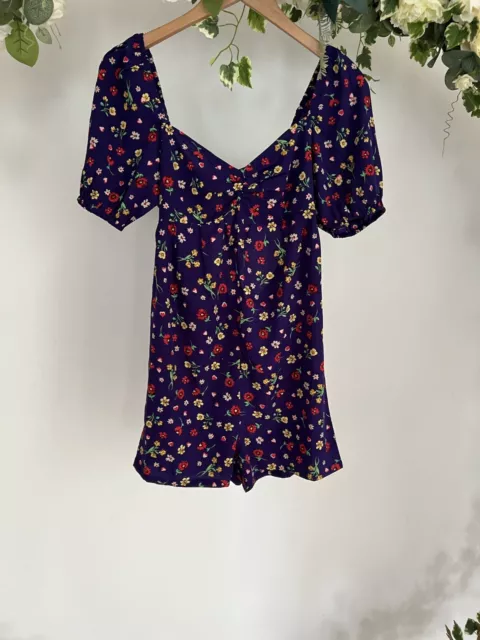 Influence Playsuit Size 8 Purple Floral Tie Open Back Ruched Playsuit New LC96