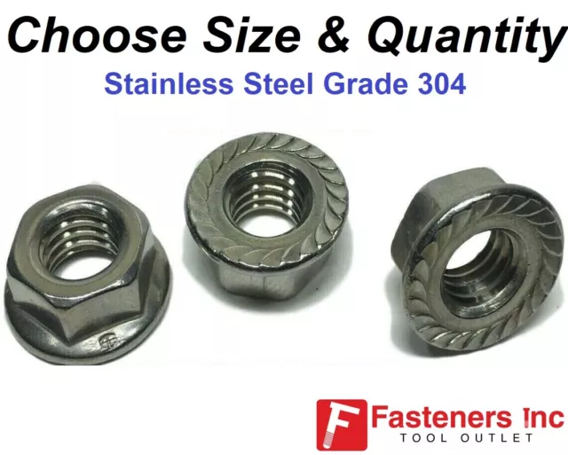 Stainless Steel Hex Flange Nut Locknuts Serrated Grade 304 (Choose Size & Qty)