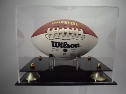 Mini football display memorabilia case 85% UV filtering acrylic gold risers base