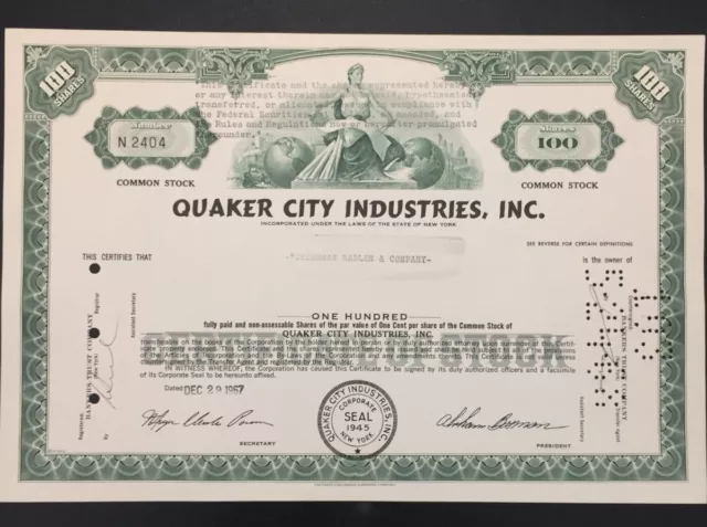 1967 Quaker City Industries, Inc. Stock Certificate 