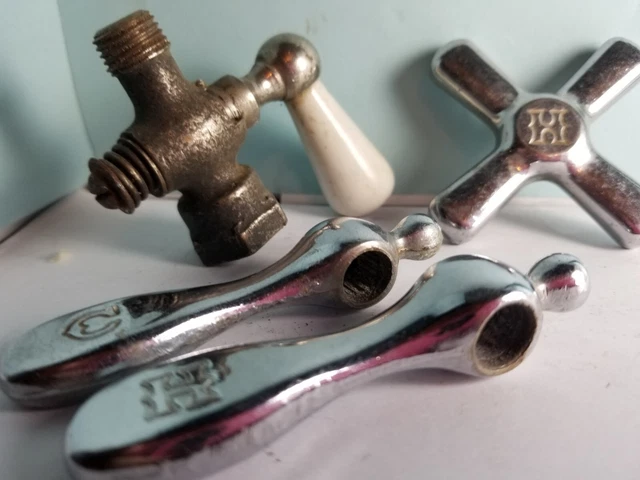 Lot of 5 Vtg/ antique Hot / Cold water faucet sink shower knobs porcelain steel