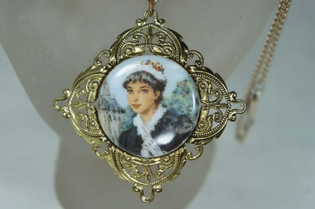 Vintage Gold Tone & Porcelain Audrey Hepburn ? Portrait Necklace/ Pendant