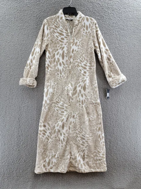 Natori Animal Print Plush Faux Fur Zip Caftan Women's S Sand Taupe Long Sleeve