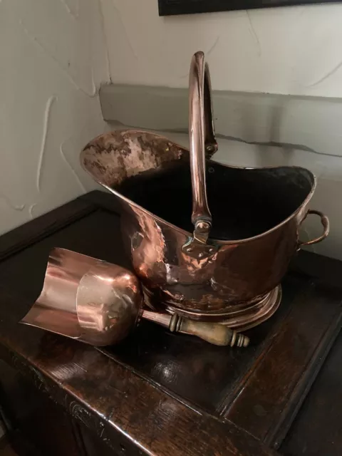Antique copper coal scuttle & shovel