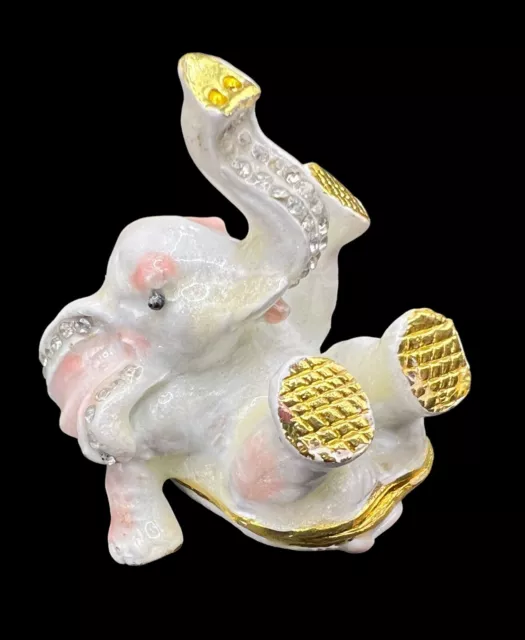 Bejeweled Enameled Hinged Metal Trinket Box Figurine Bling White Elephant Pink