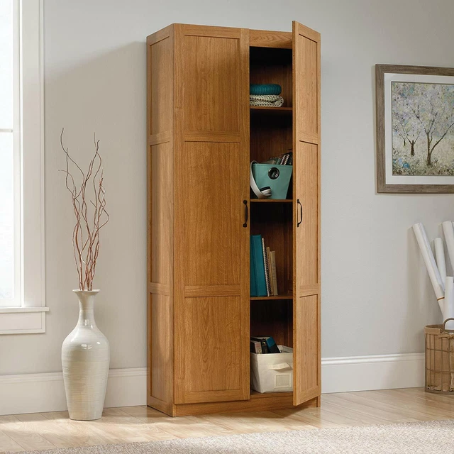 Storage Cabinet Oak Wood Double 2 Panel Doors Pantry Office Kitchen Laundry 71"