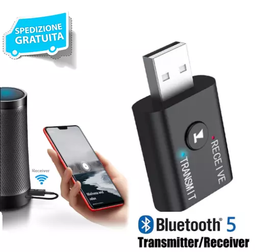 USB BLUETOOTH 5.0 RICEVITORE ADATTATORE AUDIO TV PC Auto Aux Trasmettitore