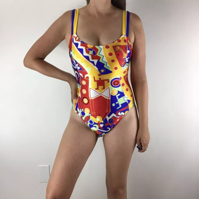 Vintage 80s One Piece Swimsuit Bright Colors Size S Made in USA Gideon Oberson