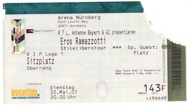 Eros Ramazzotti - Stileliberotour - Altes Konzert-Ticket vom 22.05.2001 - s.Bild