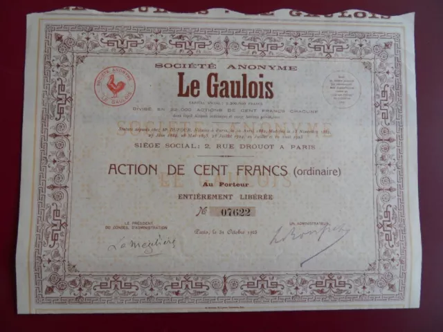 Action S.a. Le Gaulois  / Paris 1925 / Deco Un  Coq