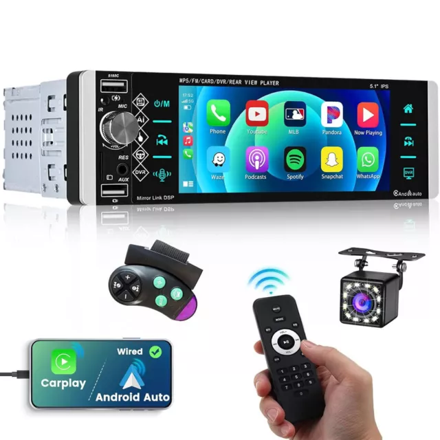 Single 1 DIN 5.1" Autoradio Apple CarPlay/Android auto AM/FM/RDS Bluetooth +Kam