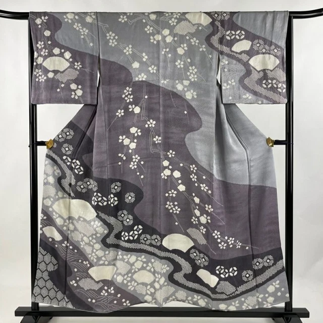 Woman Japanese Kimono Houmongi Silk Haze Flower Shibori Gray Purple