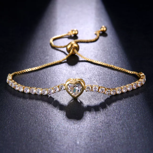 Shiny Heart Cubic Zirconia Charm Tennis Bracelet Wedding Anniversary Romantic