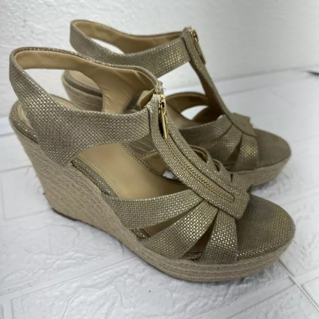 Michael Kors Espadrille Wedge Front Zipper Damita Sandals Size 9 Tan Gold Canvas