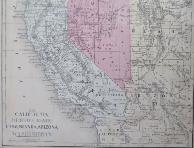 West Coast California Utah Washington Oregon Nevada Idaho 1869 Mitchell map 3