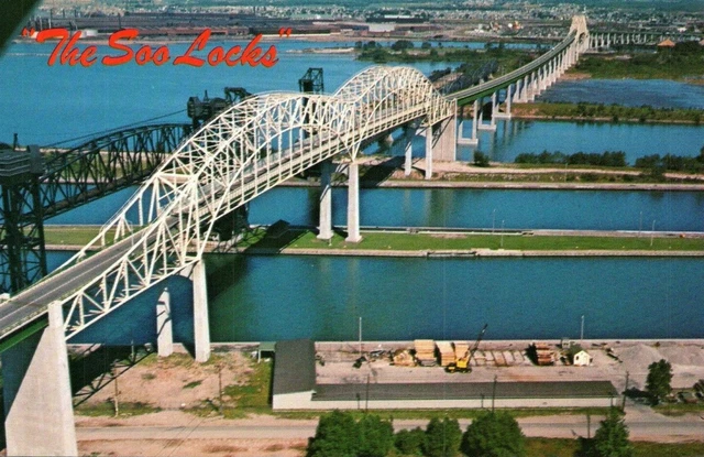 SOO LOCKS SAULT Ste. Marie Michigan MI Aerial view International Bridge