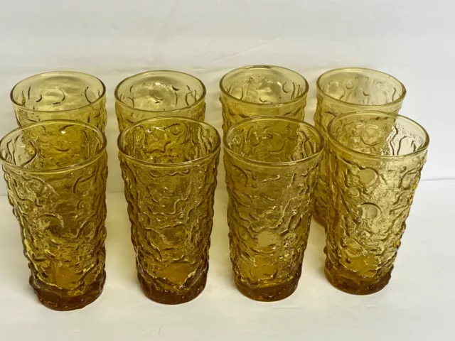 Anchor Hocking Lido Milano Amber Honey Gold Crinkle Glass Ball Pitcher 8 Glasses 3