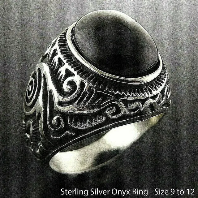 Men's Signet Ring Onyx Real Sterling Silver Solid Filled Engraved Scroll Style