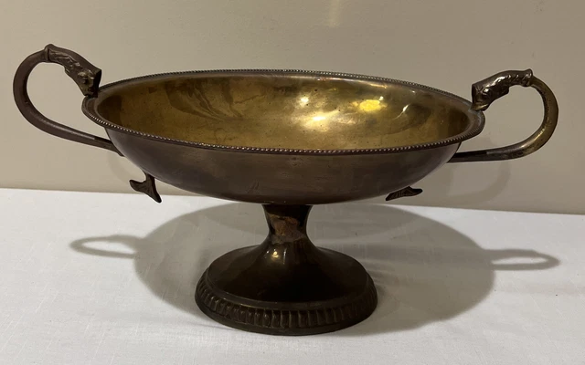 Vintage Solid Brass Ornate Fish Koi Handle Pedestal Centerpiece Bowl Art Nouveau
