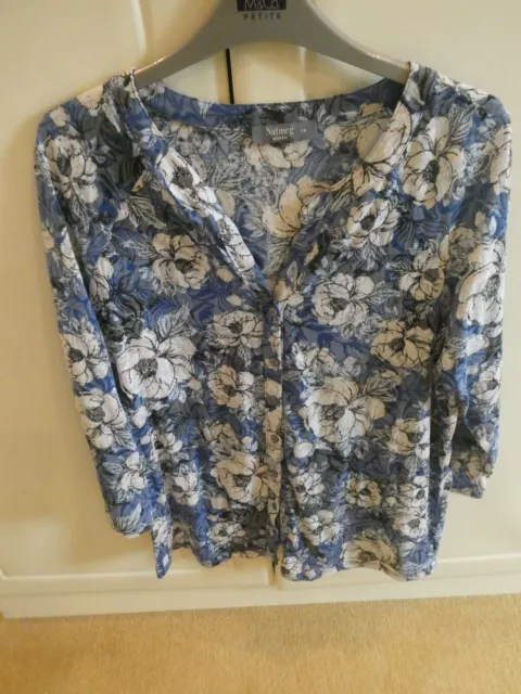 Nutmeg Blue and White Floral Long Sleeve Top - Size 14