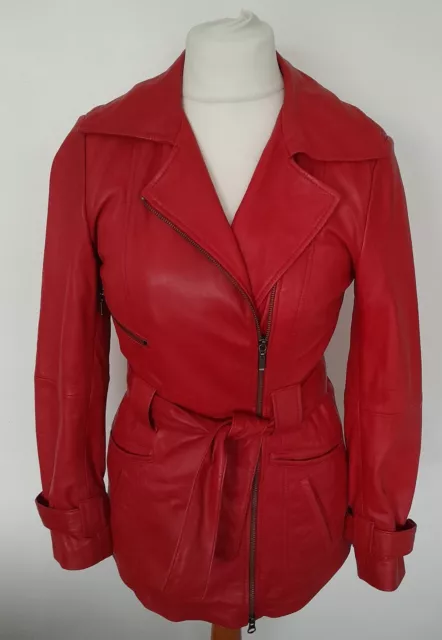 LAKELAND - REAL LEATHER Belted Jacket Coat RED Butter Soft Size 10 - STUNNING