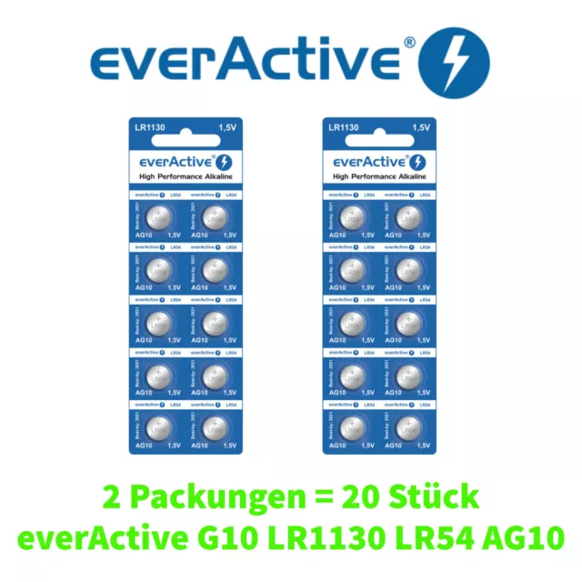 20 Stück everActive G10 Batterien Knopfzellen battery LR1130 LR54 AG10 MHD: 2024